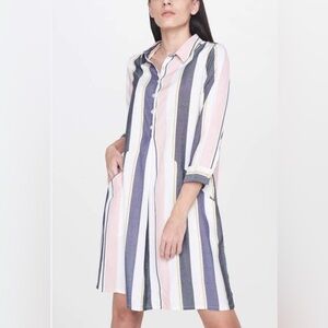 AND brand Gray, Pink and White Striped Button-Up Shirt Dress with Pockets